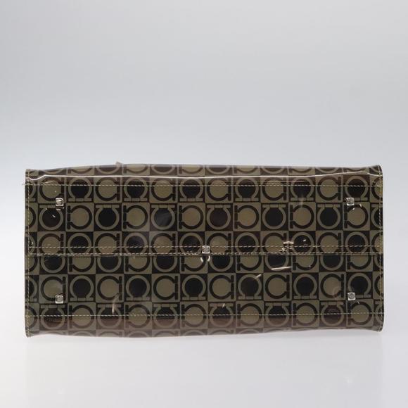 Salvatore Ferragamo Gancini Tote Bag Vinyl Brown Silver Auth BA2989